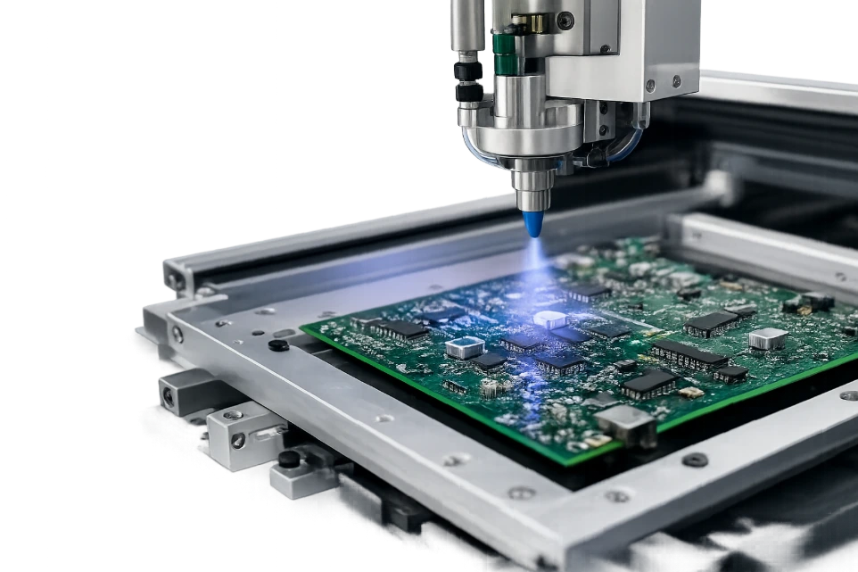 Circuit board coated on the automated selective conformal coating line at Comtec Labs